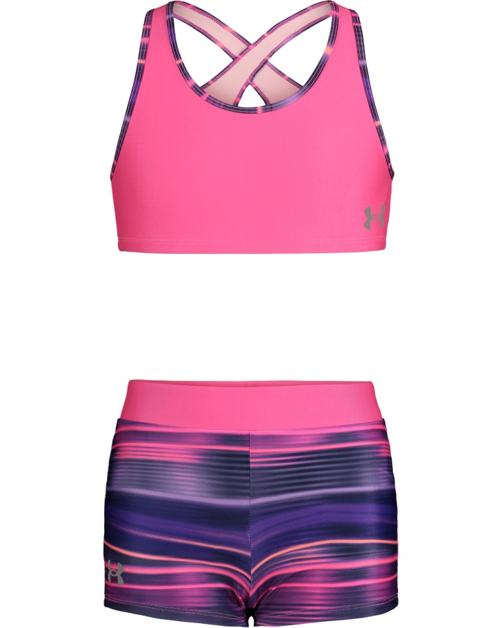 Elektrorózsaszín/élénk Lila Lány Gerendacsíkos Versenyző Felső és Fiúshort, 2 Részes úszószett Páncél Alatt Magyarország