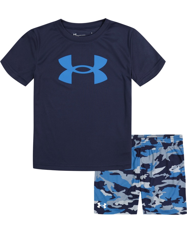 éjféli Sötétkék/győzelemkék Páncél Alatti Magyar Fiú Kisgyermek Erdei Camo Logós Rövid Ujjú és Rövidnadrág Szett